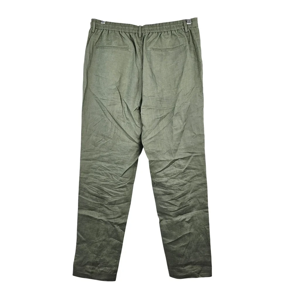 Zara Sage Green Linen Blend Drawstring Elastic Waist Straight‎ Leg Pants